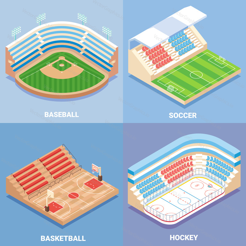 Sportovní stadion vektorové izometrické ikona set. Baseball, fotbal,basketbal a Hokej koncepční prvky. Venkovní sportoviště pro mistrovství, trénink a zápasy.