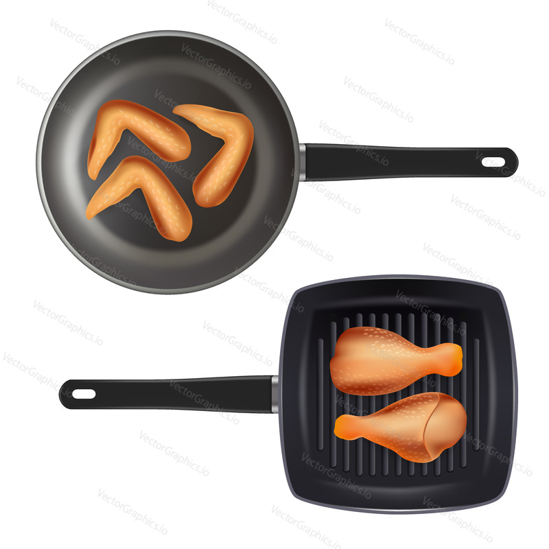 Vector top view realistic illustration of fried chicken drumsticks and wings on frying pans isolated on white background.