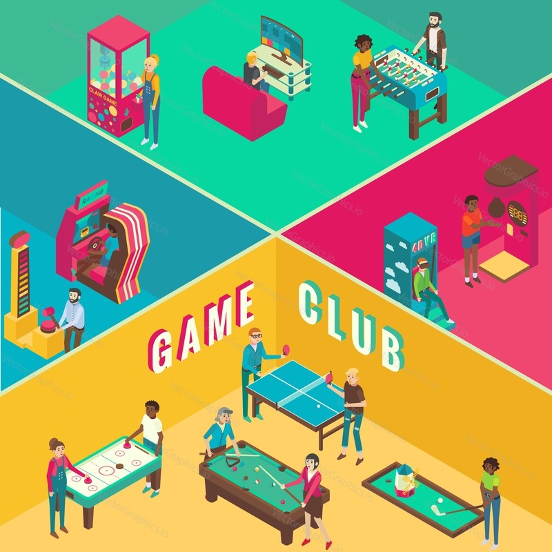 Game club vector flat 3d isometric illustration. Cutaway interior with amusement arcade game machines, video arcade and table games concept design elements.