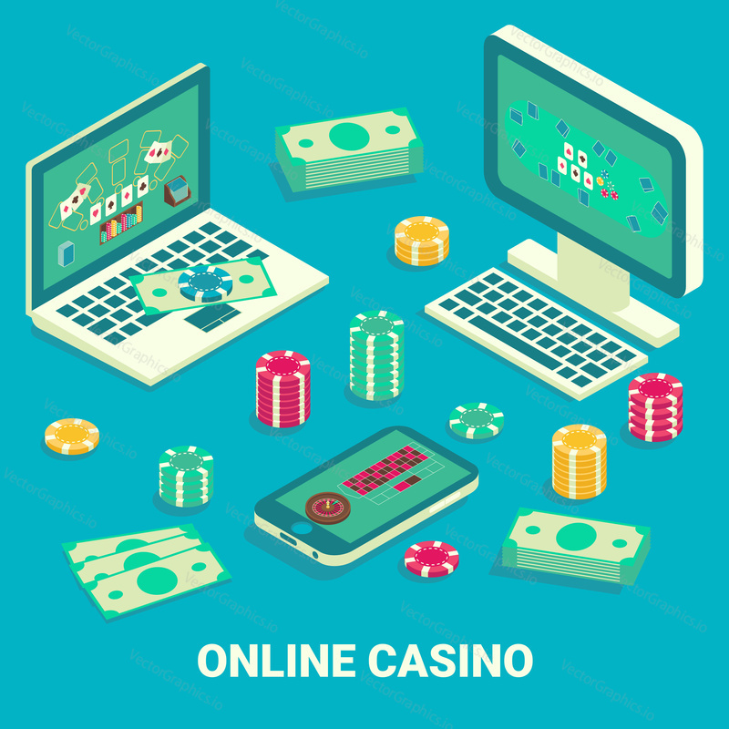 Online casino concept vector illustration. Isometric computer equipment, smartphone, gambling chips and bundles of banknotes.