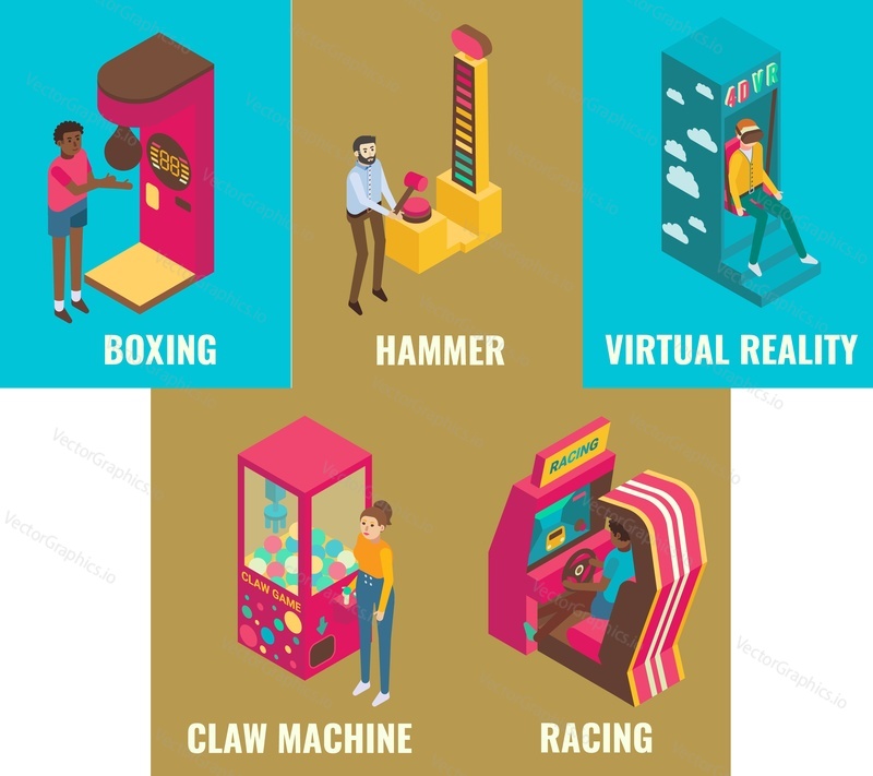 Amusement arcade game machine icon set. Vector 3d isometric illustration of boxing, hammer, virtual reality, claw machine, racing, dancing machines. Game club attractions concept design elements.