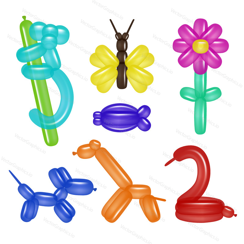 Vector balloon animals set with dog, giraffe, swan, monkey, fish, butterfly and flower. Toy balloon animals and flower for kids party birthday. Realistic illustration isolated on white background.