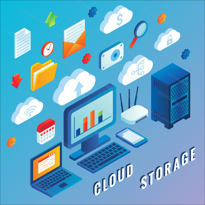 Cloud storage vector flat 3d isometric illustration of network servers, internet router, laptop, mobile phone etc.