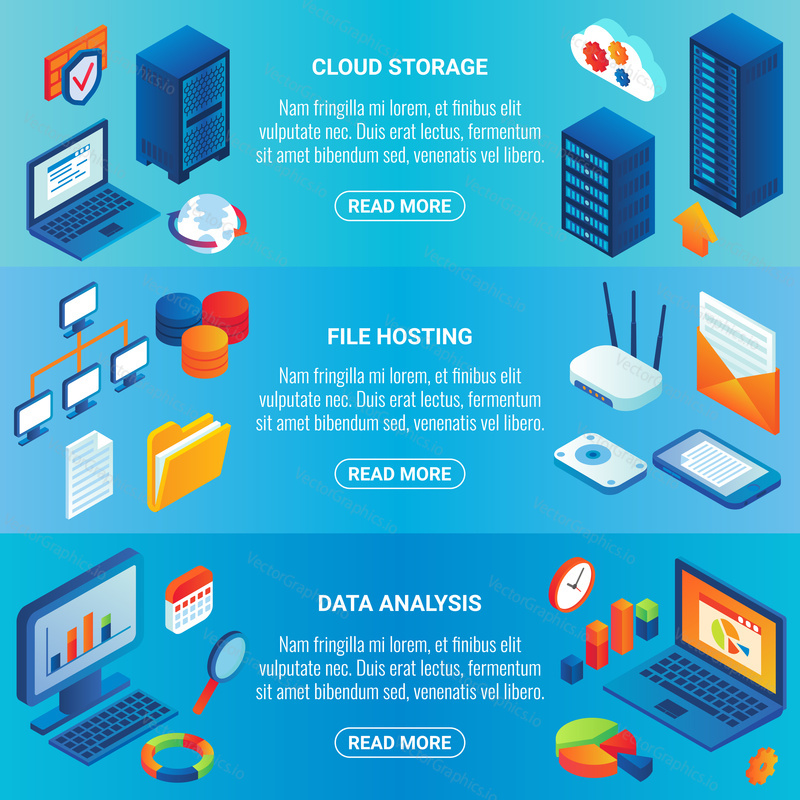 Data storage concept vector isometric horizontal banner set with cloud storage, file hosting and data analysis design elements.