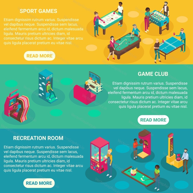 Векторные плоские 3d-изометрические иллюстрации игровых комнат. Элементы концептуального дизайна спортивной игры, Казино, Игрового клуба, комнаты отдыха.