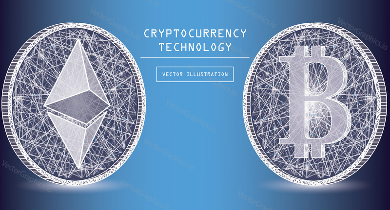 Векторные иконки и символы цифровой валюты Ethereum. Токеновые монеты криптовалюты с символами ethereum и bitcoin. Цифровая платежная система одноранговой сети. Концепция блокчейна.