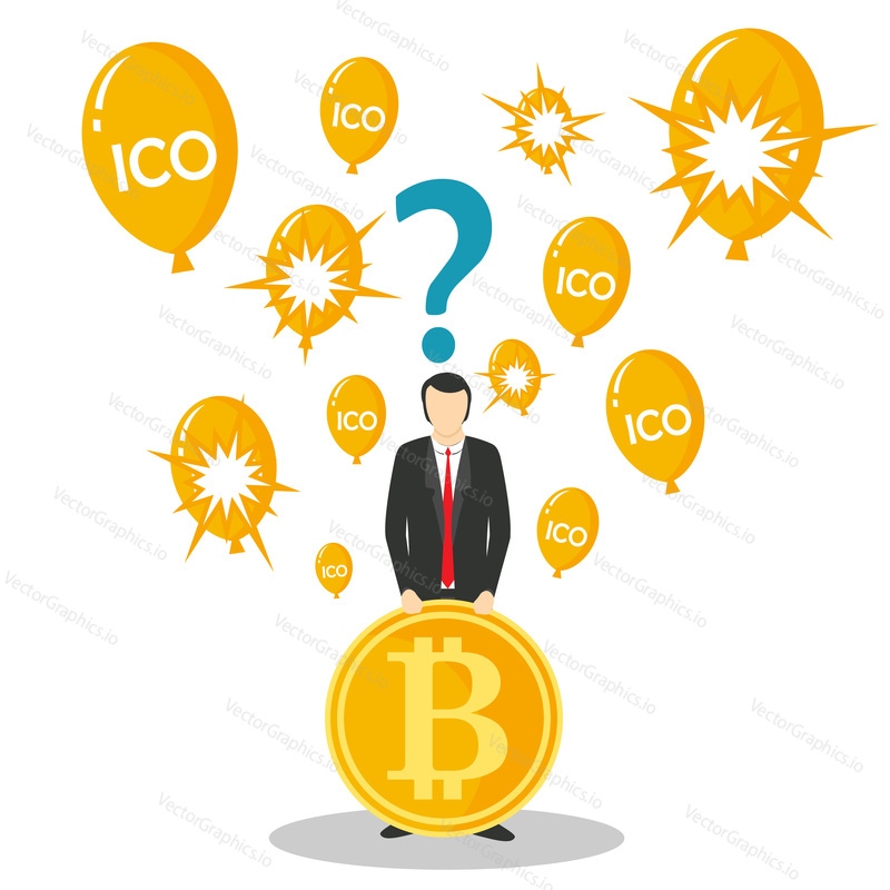 Векторная иллюстрация концепции ICO или первоначального предложения монет. Бизнесмен, держащий биткоин, вопросительный знак над головой и воздушные шары с надписью ICO или лопающиеся воздушные шары.