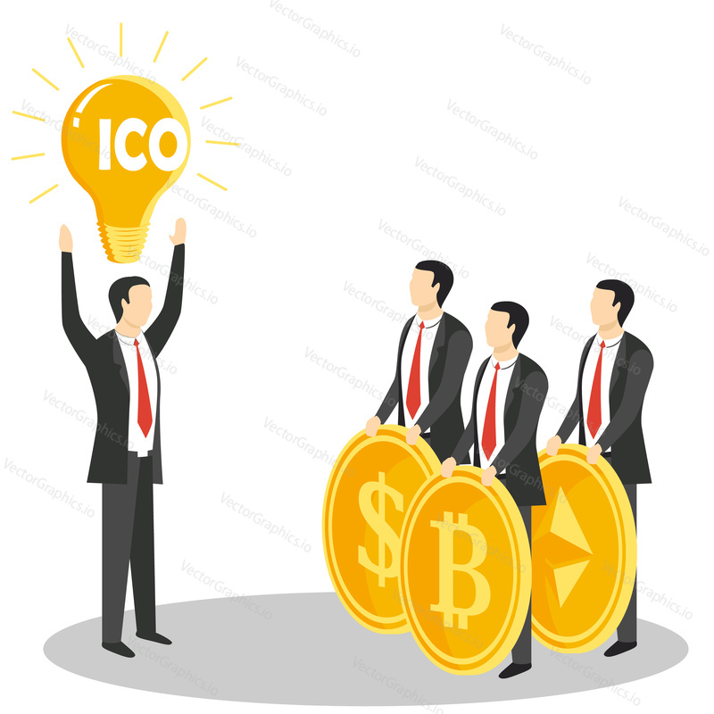 Векторная иллюстрация концепции нового ICO или первоначального предложения монет. Успешное продвижение нового криптовалютного проекта.
