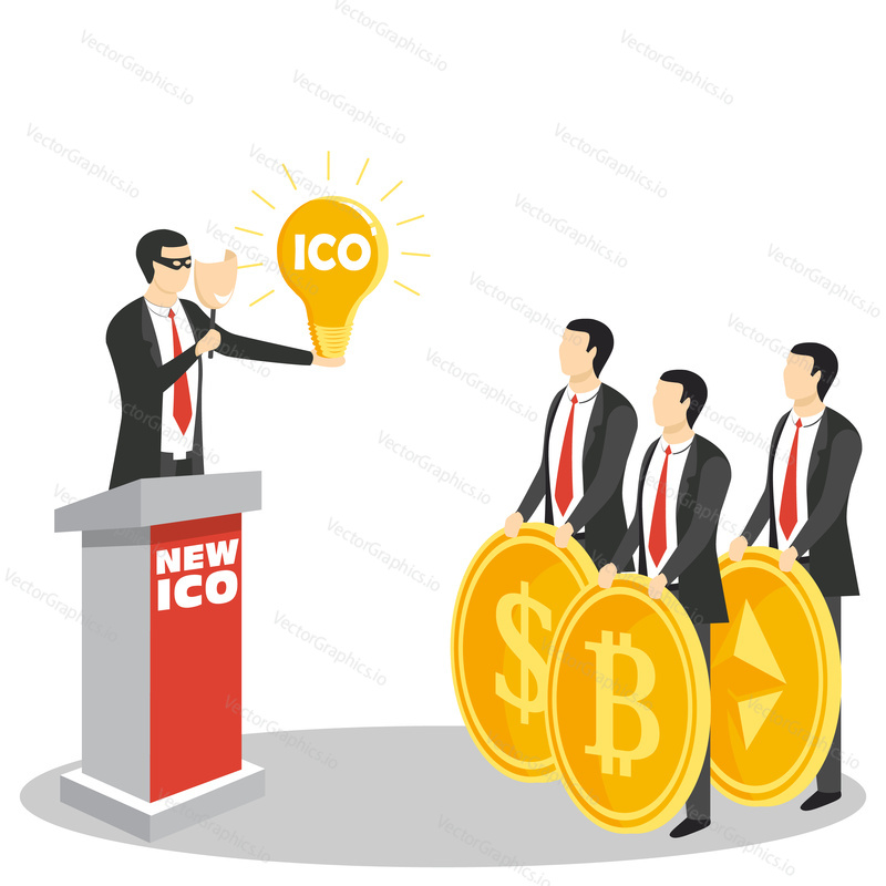 Векторная иллюстрация концепции нового ICO или первоначального предложения монет. Продвижение нового криптовалютного проекта.