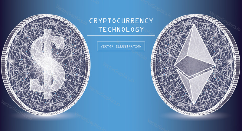 Векторные иконки и символы цифровой валюты Ethereum. Токеновые монеты криптовалюты с символами эфириума и доллара. Цифровая платежная система одноранговой сети. Концепция блокчейна.