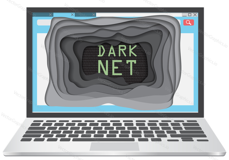 Векторная иллюстрация концепции темной паутины. Надпись Darknet на экране ноутбука.
