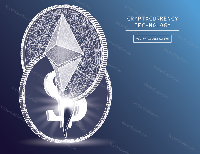 Цифровая валюта Ethereum наносит ущерб мировой финансовой системе, основанной на векторной иллюстрации концепции доллара. Токеновые монеты криптовалюты с символами эфириума и доллара. Концепция блокчейн-криптовалюты.