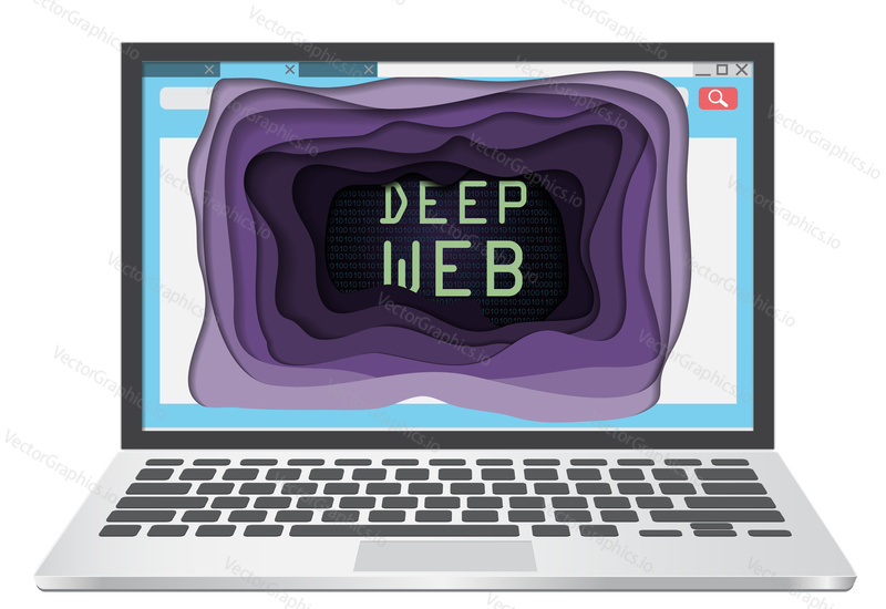 Векторная иллюстрация концепции невидимого или скрытого веба. Надпись Deep web на экране ноутбука.