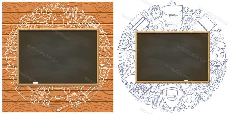 Empty chalkboard on school supplies background. Blank blackboard background. Back t school concept vector banner. Write your text template.