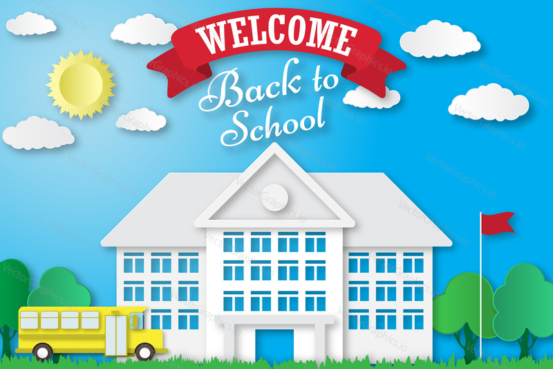 Vector set of Back to School banners in origami paper art style. School poster with building, school bus, nature background, text signs. Paper cut shapes design.