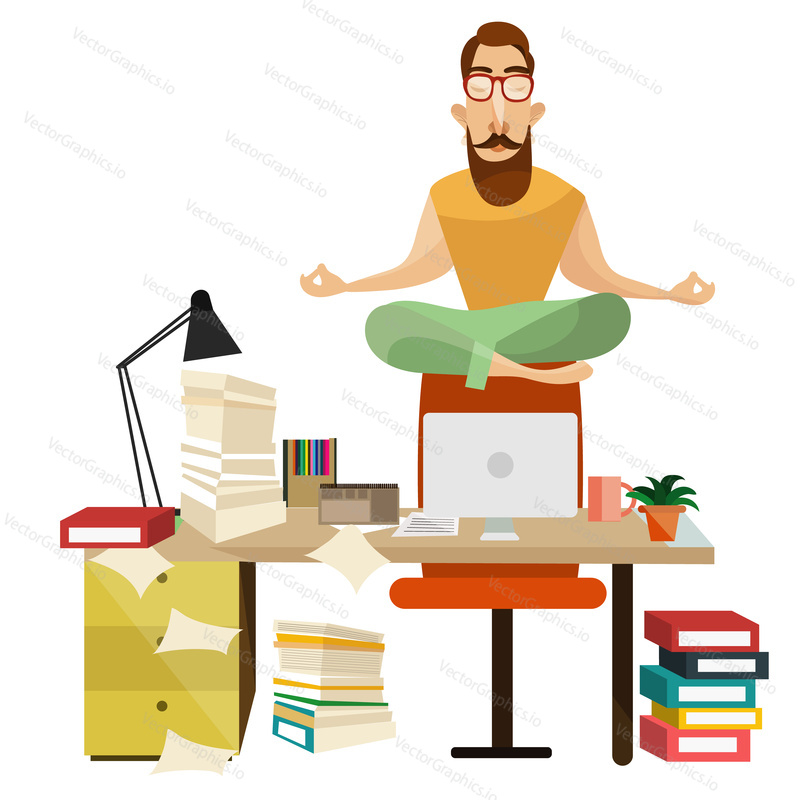 Векторная иллюстрация офисного работника мужского пола, сидящего на спинке стула в позе лотоса и расслабляющегося. Элемент дизайна концепции офисной медитации.