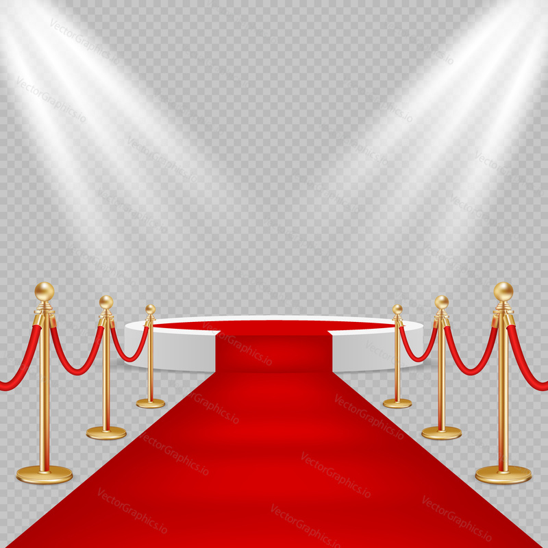Vector illustration of white round podium with red carpet and lights. Realistic illustration on transparent background. Red carpet event design element.