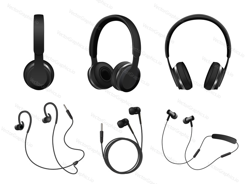 Vector set of wireless and corded headphones, earphones. Realistic black headphones music accessories isolated on white background.