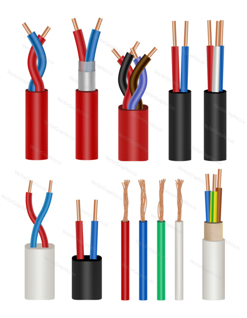 Vector electrical cable icon set. Electric connection wires realistic illustration isolated on white background.