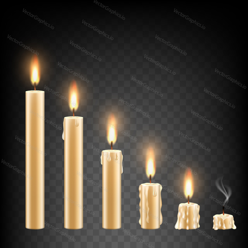 Vector set of realistic burning candles isolated on a transparent background.