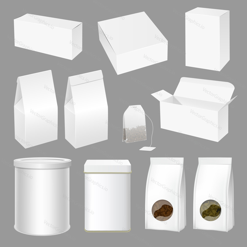 Vector set of realistic tea packaging templates. Empty white creative tea paper packaging design.