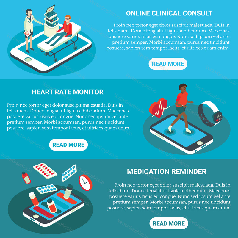 Online medical services vector flat isometric horizontal banner set. Online clinical consult, Heart rate monitor, Medication reminder concept design elements for web, print.