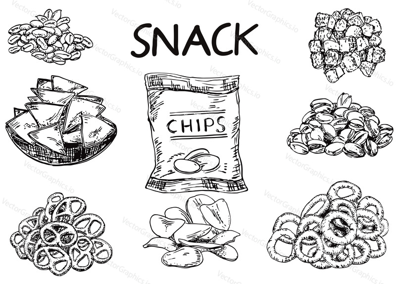 Vector ink hand drawn style snack and junk food set. Nachos, potato chips, onion rings, crackers, almonds and pistachio vintage sketch illustration for menu, print.