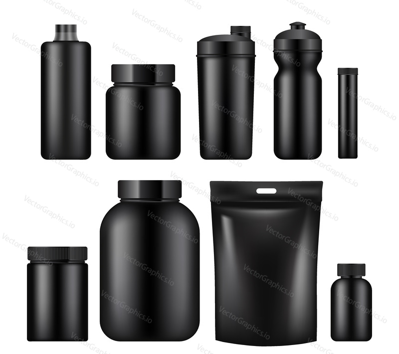 Vector set of sport nutrition container templates isolated on white background. Realistic black plastic jars, foil packages and drink bottles.