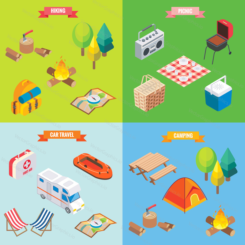 Camping objects in vector isometric style. Flat 3d isometric design. Family vacation, hiking, picnic, car travel. Camp place in forest. Isolated icons and template design.