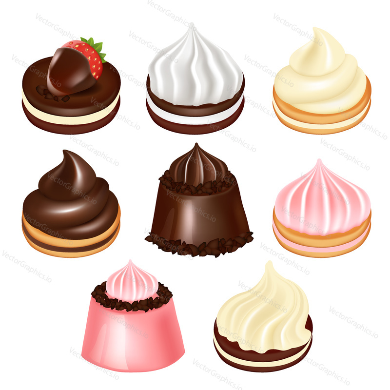 Vector set of pastry or confectionery with chocolate, fruit whipped cream, chocolate dipped strawberry. Realistic color tasty sweet desserts isolated on white background.
