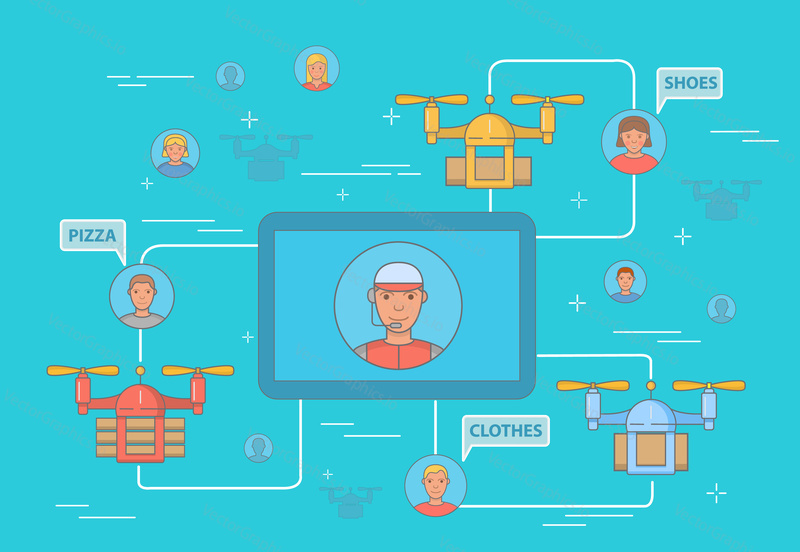 Drone delivery concept vector illustration with charts for delivery company. Modern express pizza, shoes and clothes delivery by unmanned aircraft flat symbols, icons.