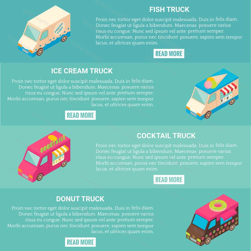 Vector set of fast food truck horizontal banners. Fish, ice cream, cocktail and donut truck isometric icons, place for text.