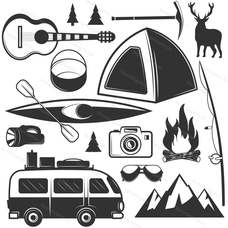 Vektorové sada kempování objektů izolovaných na bílém pozadí. Cestovní ikony a emblémy. Dobrodružství venkovní štítky, hory, stan, auto, rafting, oheň.