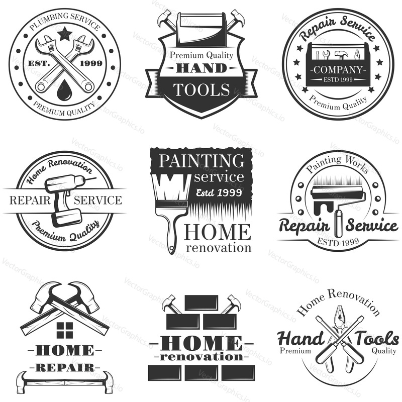 Vector set of vintage home repair, painting service, plumbing service logos, emblems, badges, labels isolated on white background. Typography design for home renovation business advertising.