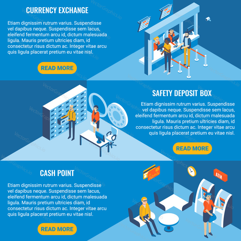 Bank services vector flat isometric horizontal banner set. Currency exchange, Safety deposit box and Cash point concept design elements for web and print.
