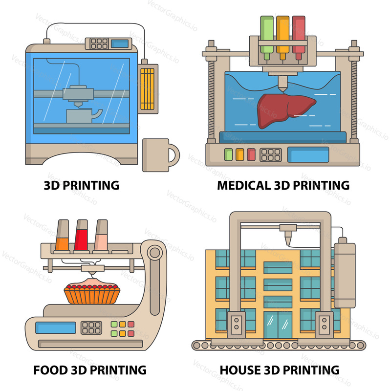 Vektorové 3D tiskárna plochá tenká čára ikona set. Keramické, lékařské, potravinářské a domácí 3D tiskové technologie koncepční designové prvky izolované na bílém pozadí.