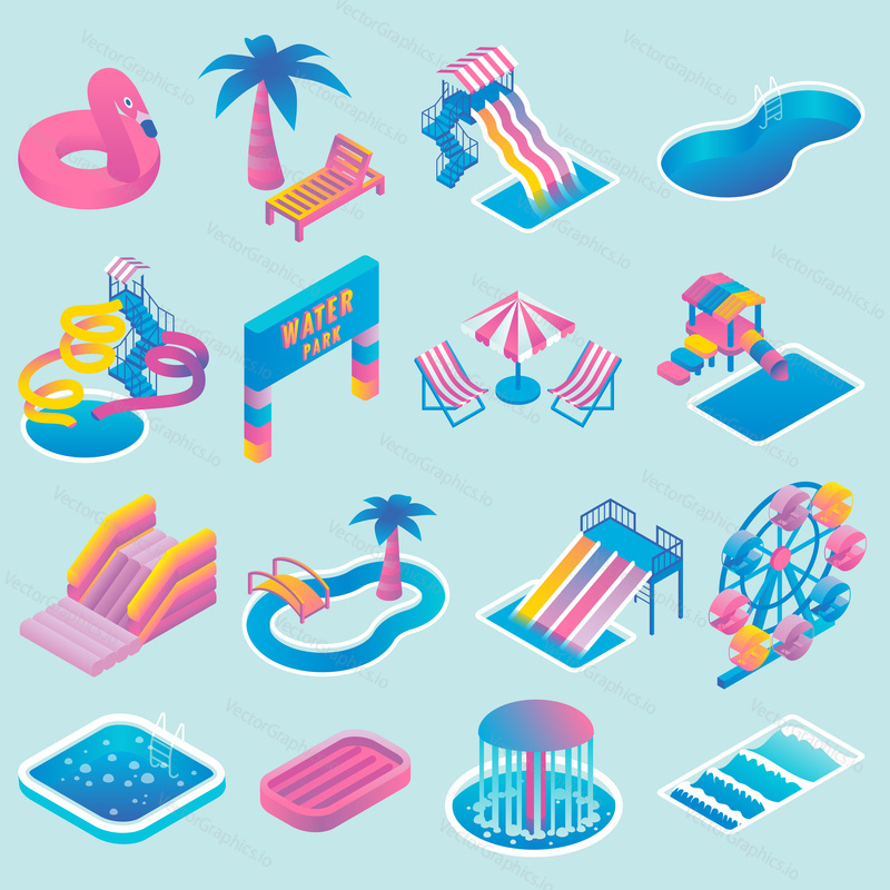 Water park vector colored icon set with different types of slides, swimming pools, ferris wheel, whirlpool bath, fountain. Aqua park isometric flat style design elements.