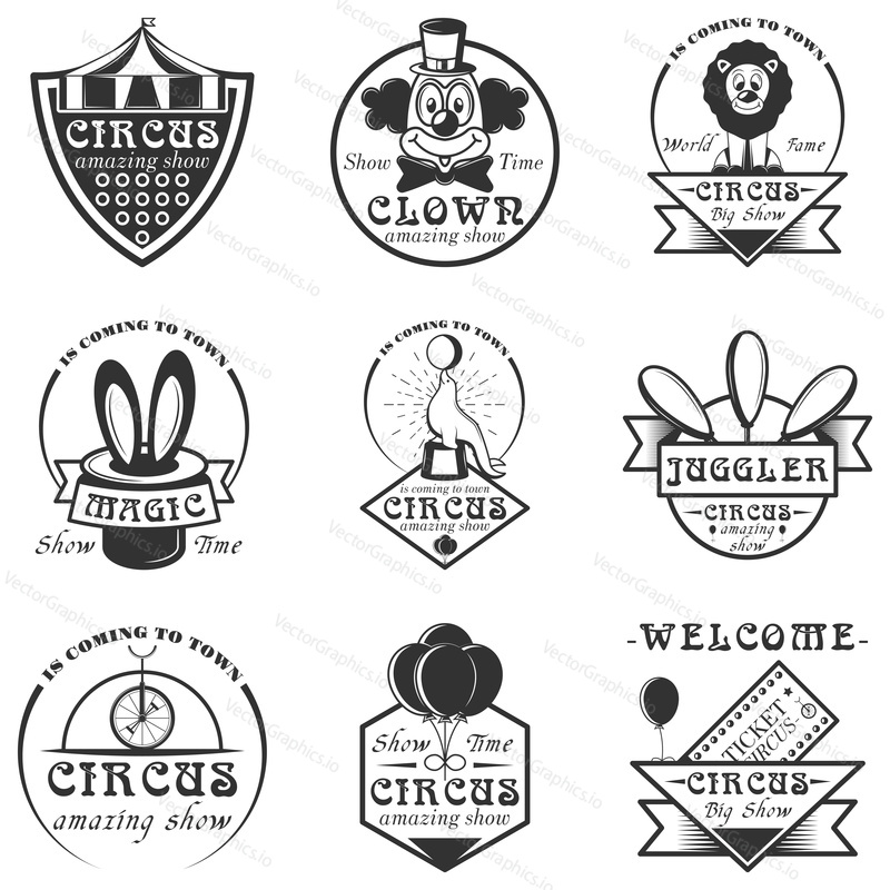 Vektorová sada cirkus izolovaných štítků, loga a emblémů. Černobílé cirkusové symboly a designové prvky. Klaun, aréna, lístky, kouzelný klobouk.