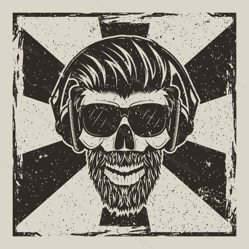 Vector illustration of human skull in glasses with mustache and beard listening to music. Skull music hipster vintage grunge design for t-shirt or print.