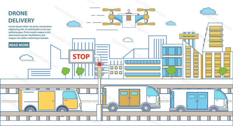 Drone delivery concept vector horizontal banner. Quadcopters delivering parcels to customers. Modern flat linear style design element for drone delivery business advertising.