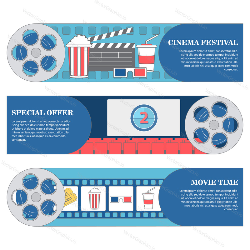 Cinema festival horizontal banners. Vector set of movie cinema banners. poster design template in flat style.