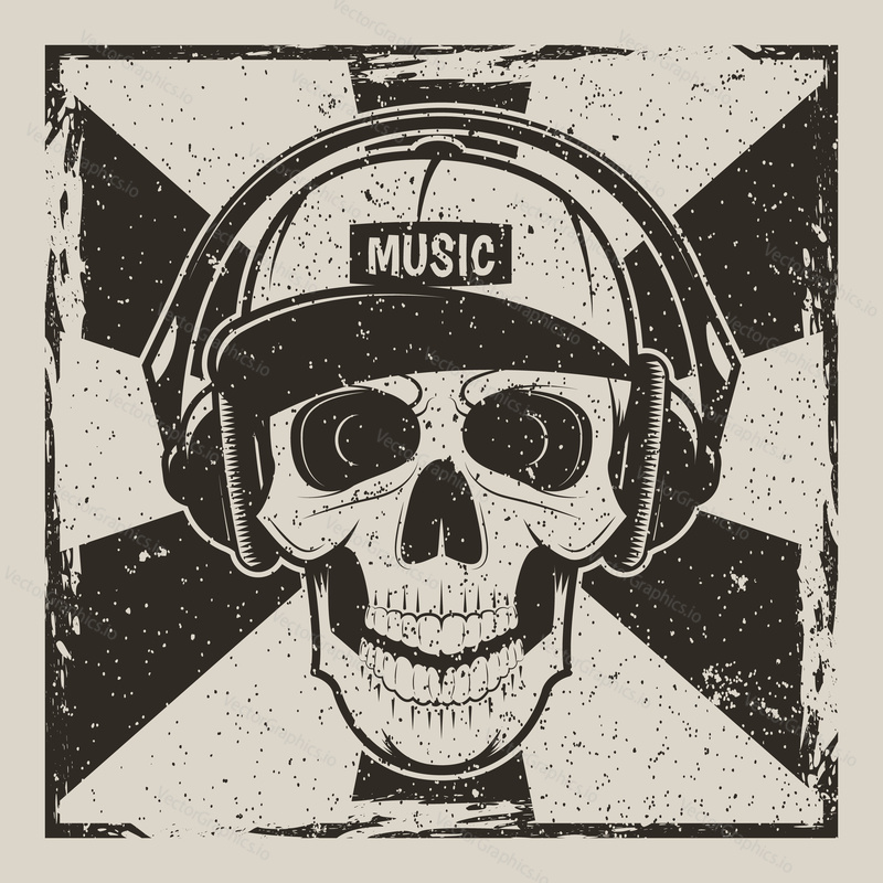Music skull vector illustration. Vintage grunge design with human skull in cap and with headphones for t-shirt or print.