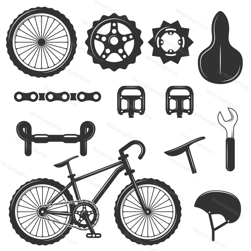 Vektorové sada dílů jízdních kol izolované ikony. Černobílé symboly jízdních kol a designové prvky. Sportovní BMX kolo s opravnými převody. Hvězdy, kola, helma.