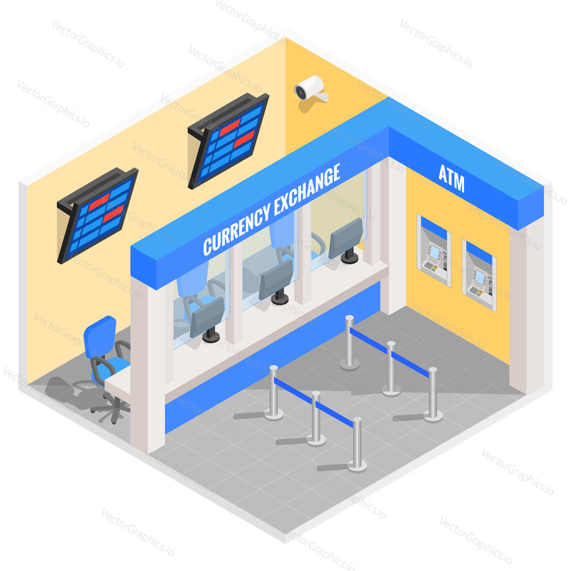 Směnárna v izometrickém stylu. Vektorové ploché 3D finance a peníze izolované ikony a prvky. Směnárna booth interiér.