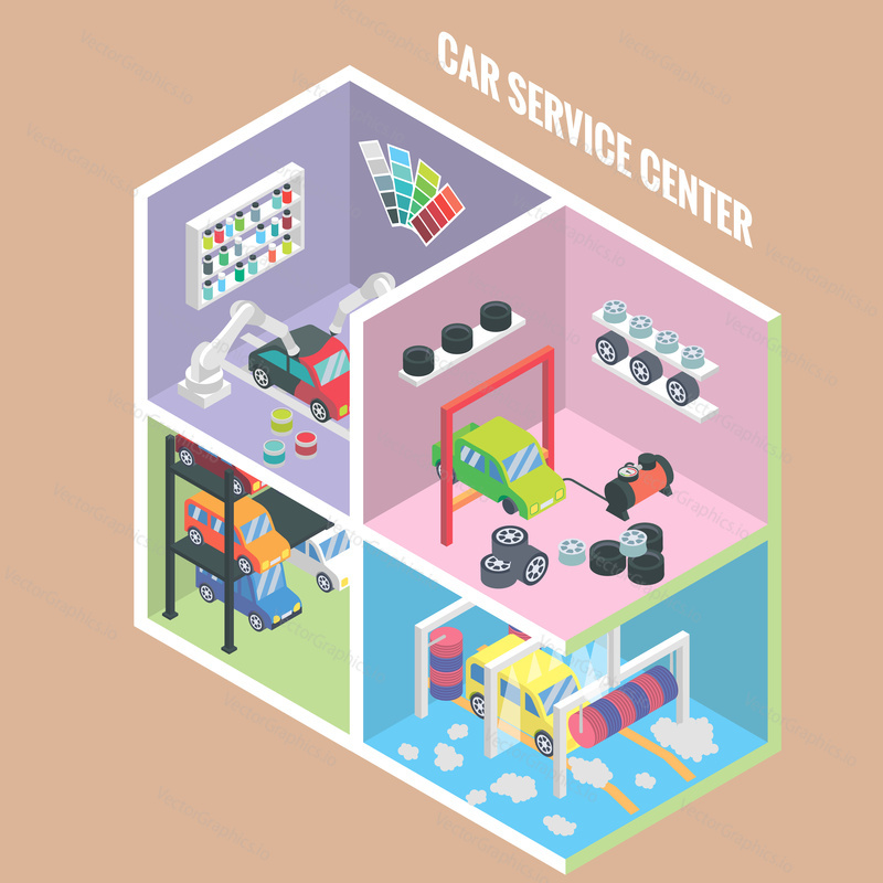 Car service center isometric icons. Vector flat 3d design elements. Auto painting, collision repair, multi level parking, car wash, change tyres, Car mechanic garage.