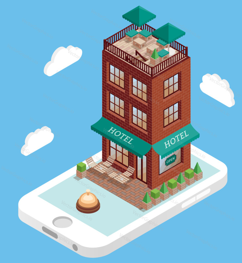 Budova hotelu na obrazovce mobilního telefonu ve vektorovém izometrickém stylu. Rezervace hotelu online pomocí smartphonu. Ilustrace v plochém 3D designu. Budova hotelu izolovaný prvek.