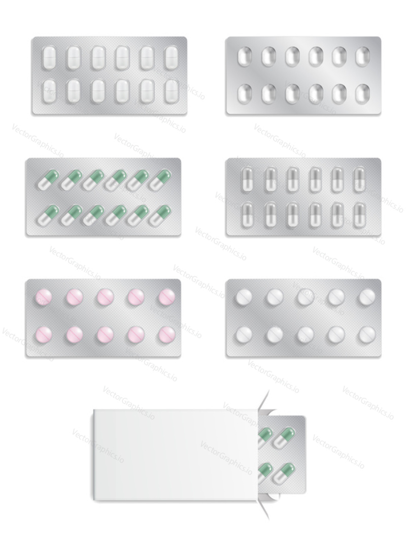 Blister pack with pills and capsules, blank white blister pill container design mock-up. Vector realistic pharmaceutical packaging set.