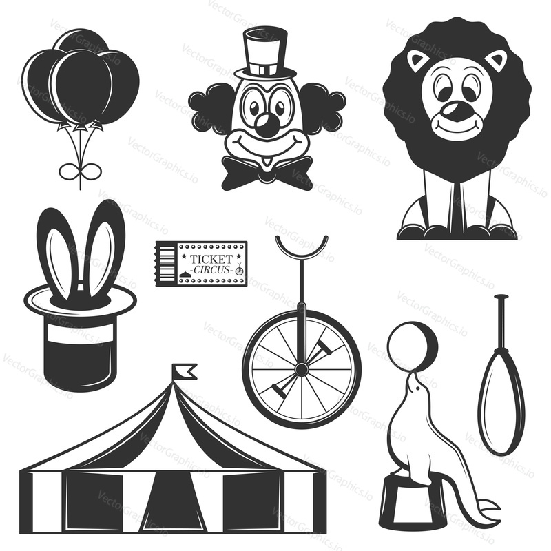 Vektorové sada cirkus izolovaných ikon. Černobílé cirkusové symboly a designové prvky. Klaun, Lev, kouzelný klobouk