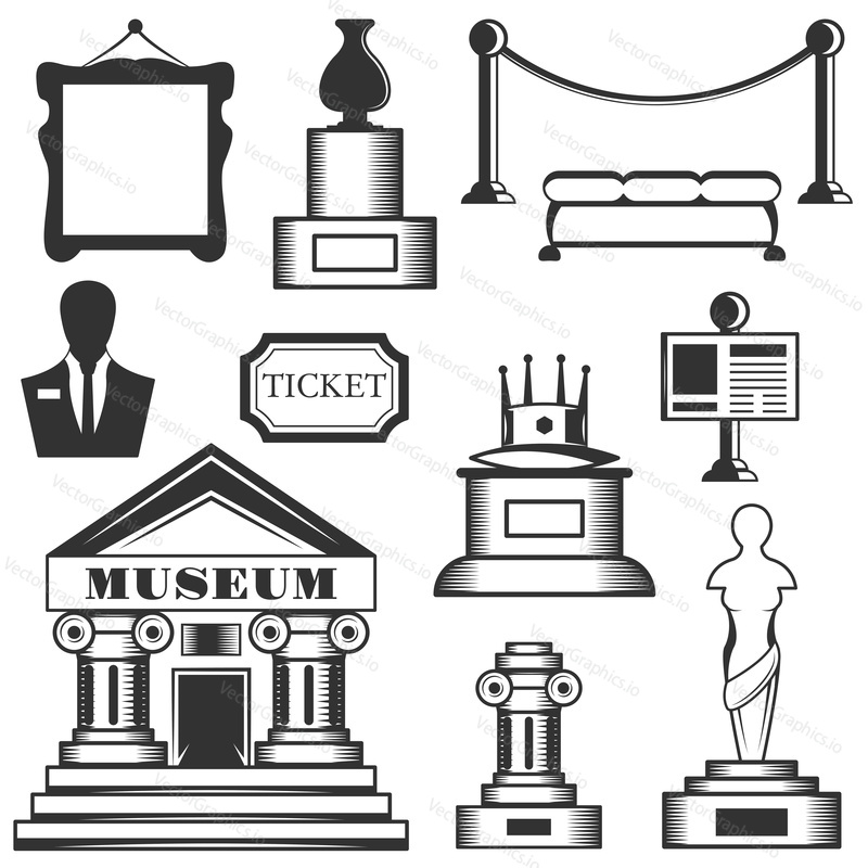 Vektorové sada muzea izolované ikony. Černobílé muzejní symboly a designové prvky. Umění, socha, budova muzea, lístek.