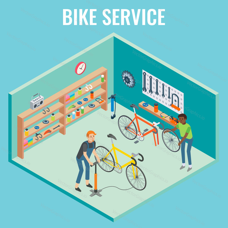 Vector 3d isometric sectional view bike service concept illustration. Cutaway interior of bicycle repair shop with mechanics.